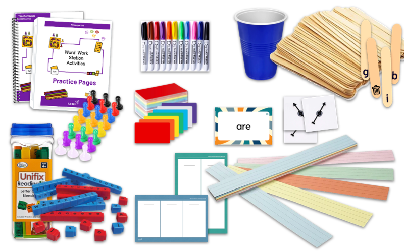 Educational supplies: notebooks, markers, cups, popsicle sticks, pins, index cards, blocks, and more.