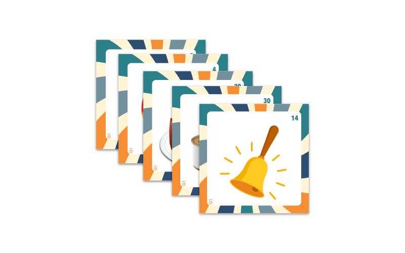 Cards with illustrations, including a bell, in a stack with a patterned border.