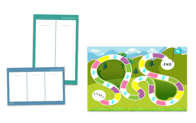 Game board with snake path, blank charts. Colorful game board on a green landscape background with mountains.