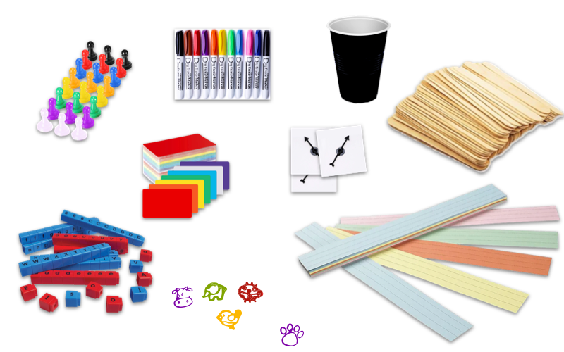 Various colorful math manipulatives including markers, cups, craft sticks, blocks, and counters.