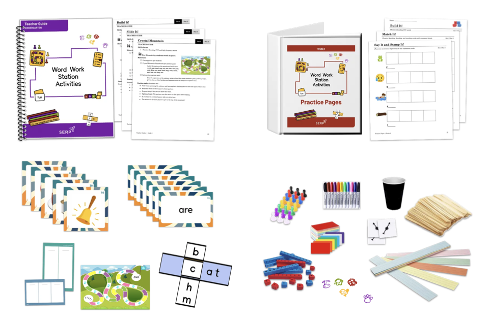 Various colorful math manipulatives including markers, cups, craft sticks, blocks, and counters.