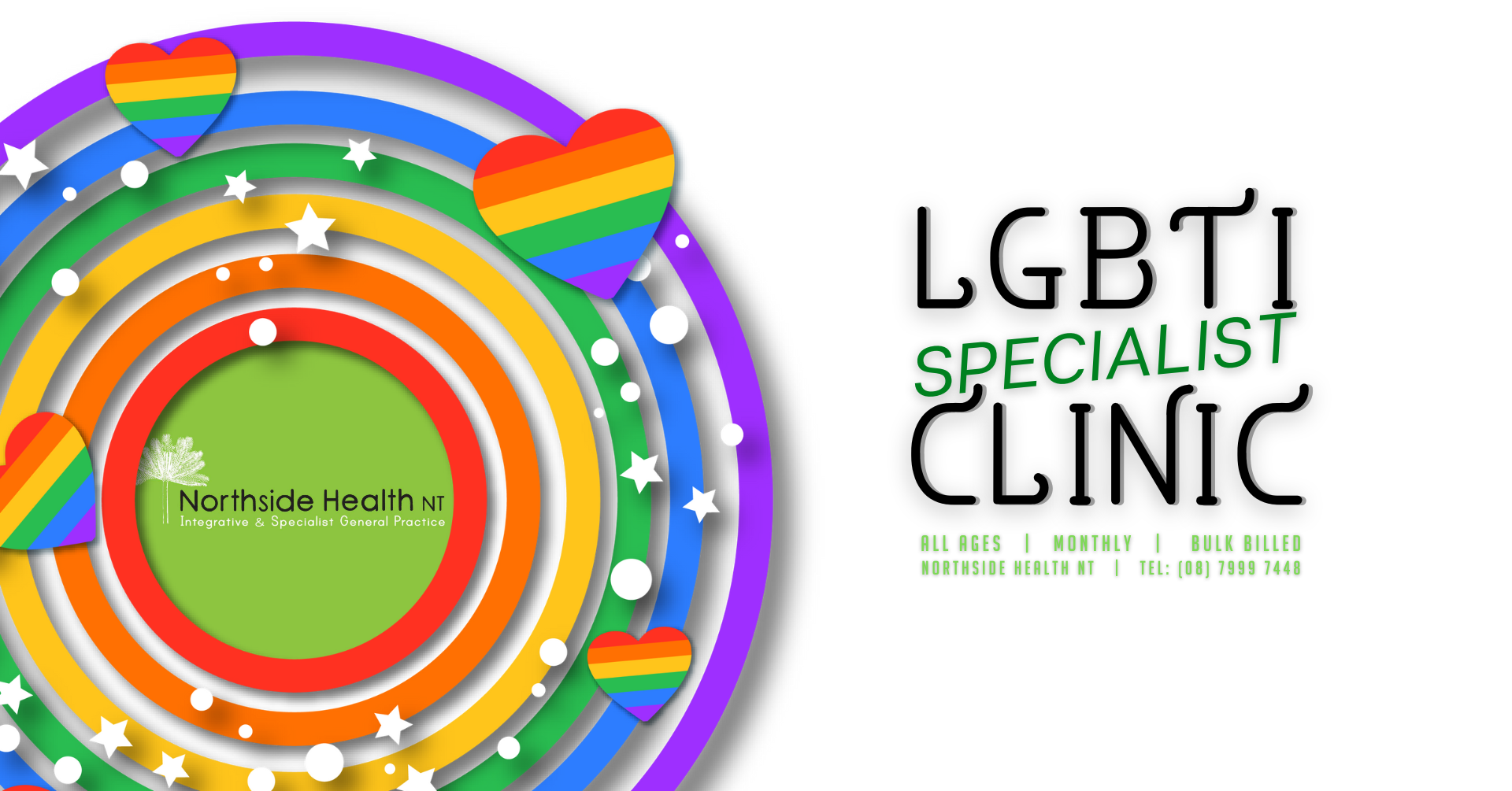 A poster for the lgbti specialist clinic with a rainbow in the middle.
