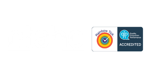 A sticker with a rainbow and a check mark on it that says accredited.