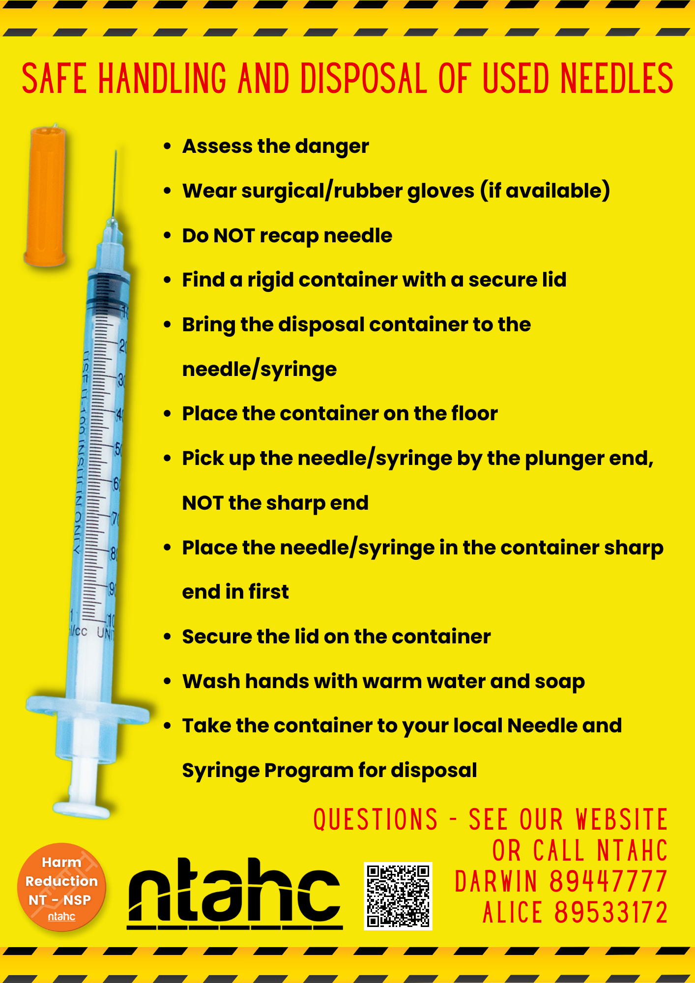 A poster about safe handling and disposal of used needles