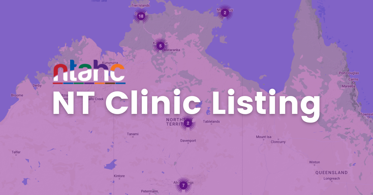 A purple map with the words `` nt clinic listing '' on it.