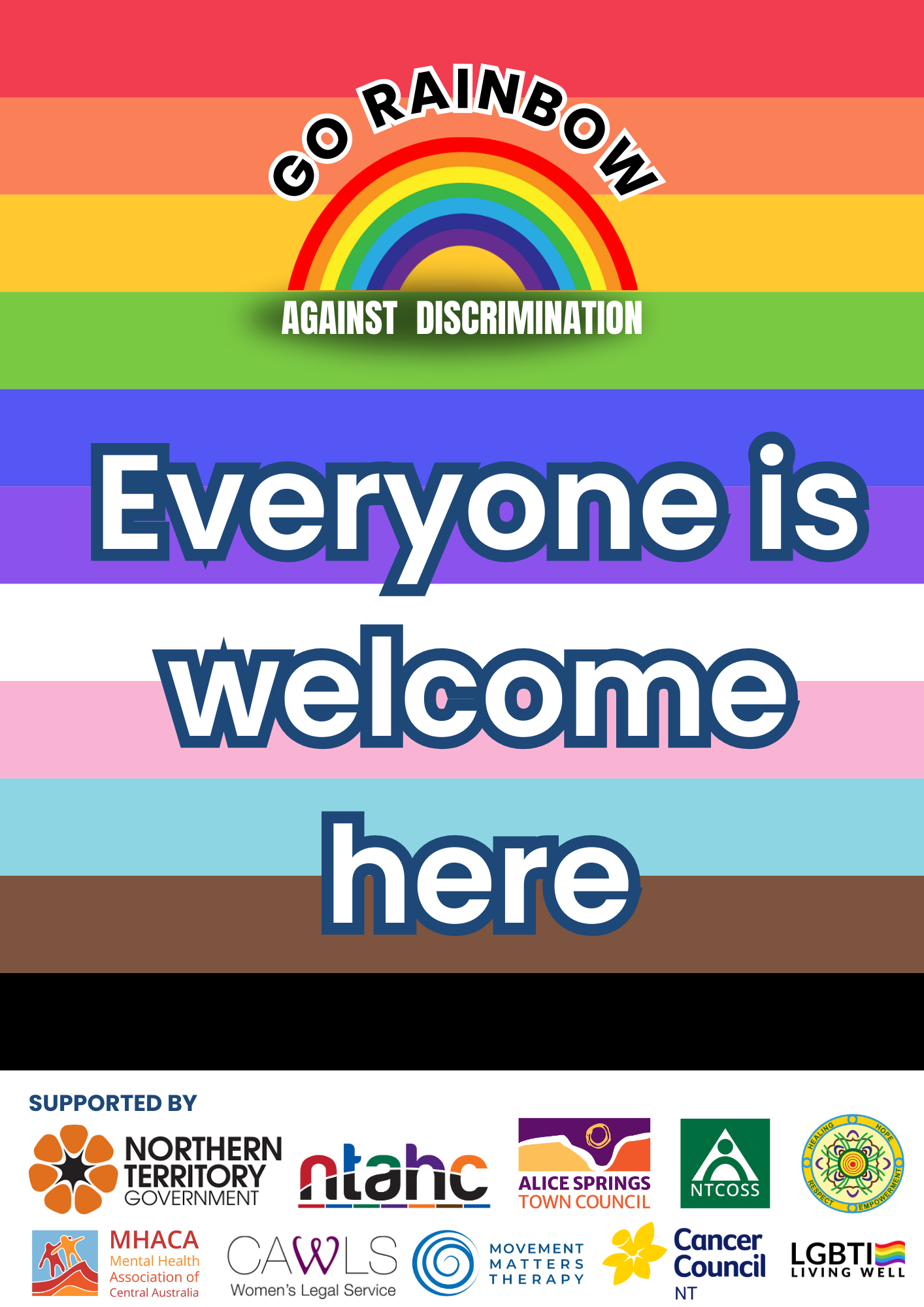 A poster that says `` everyone is welcome here '' with a rainbow in the middle.