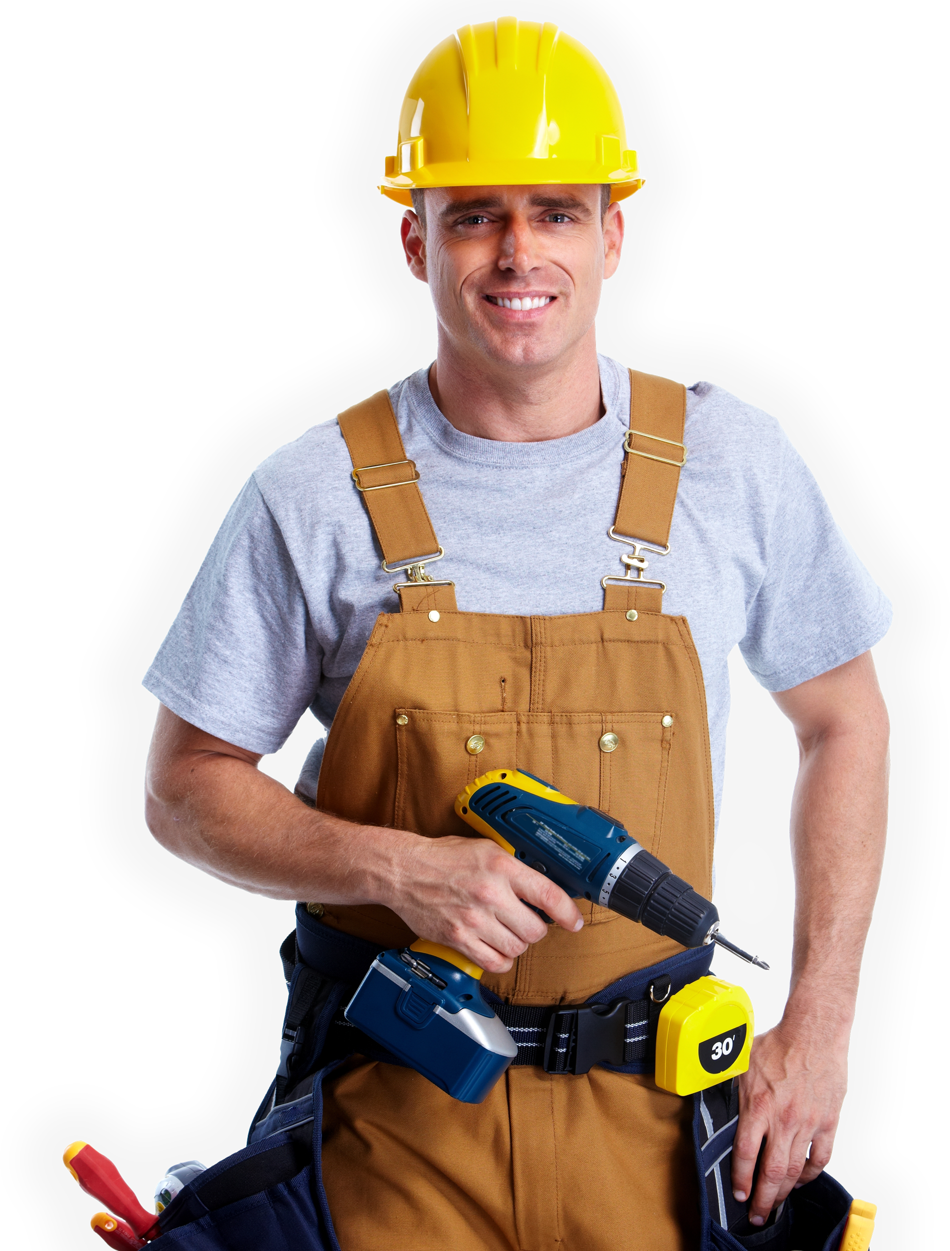Construction worker in yellow hard hat and brown overalls holding a drill.