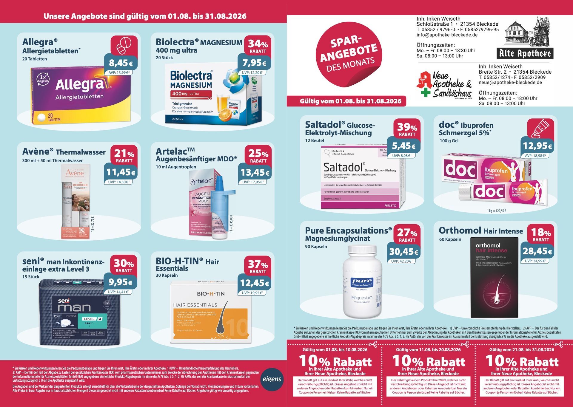 Werbeflyer einer Apotheke mit Angeboten für verschiedene Nahrungsergänzungsmittel und Medikamente zu reduzierten Preisen.