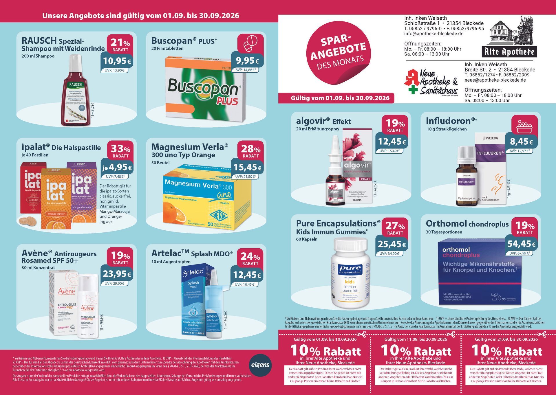 Werbeflyer einer Apotheke mit Angeboten für verschiedene Nahrungsergänzungsmittel und Medikamente zu reduzierten Preisen.