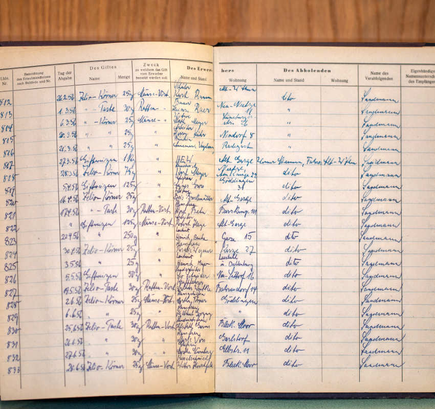 Offenes Hauptbuch mit zwei Seiten handgeschriebener Verwaltungsaufzeichnungen in Spalten, die wahrscheinlich die Registrierung oder Logistik dokumentieren.