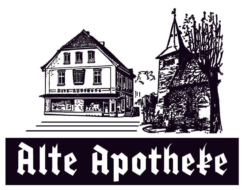 Schwarz-weiße Skizze eines historischen Gebäudes und Turms, darunter der Text „Alte Apotheke“ in gotischer Schriftart.