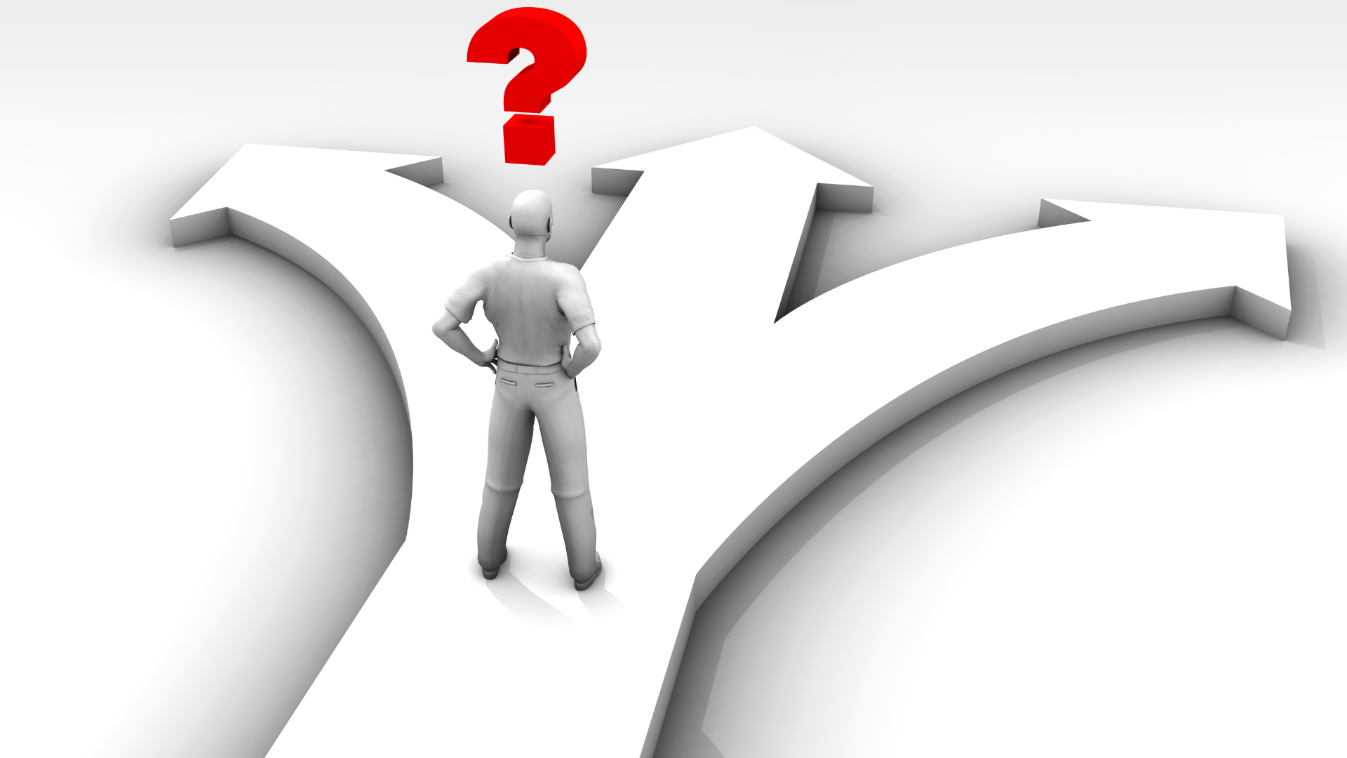 Person standing at a fork in the road, with three arrows and a red question mark overhead.