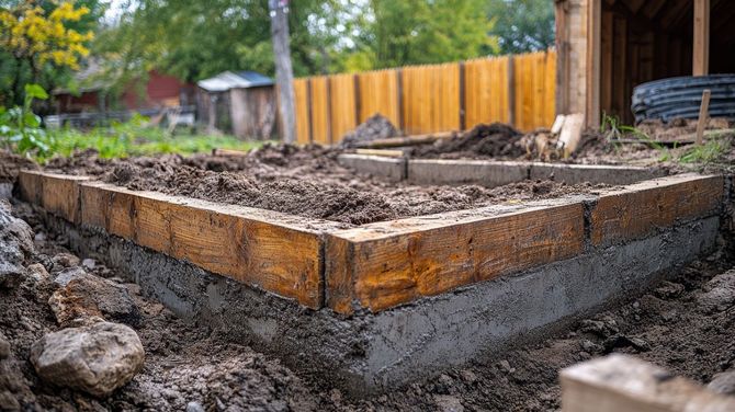 Freshly built wooden garden bed filled with soil in a backyard, with a fence and trees behind it.