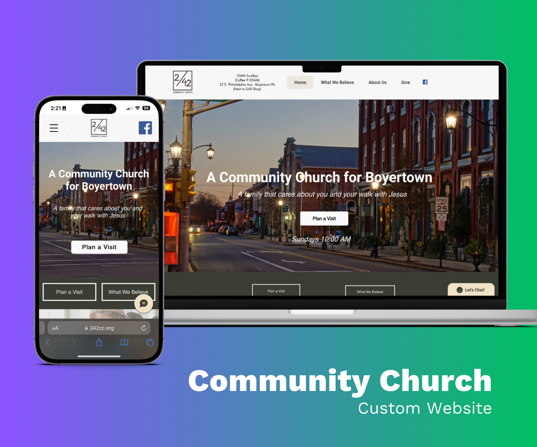 A community church custom website is displayed on a laptop and phone.