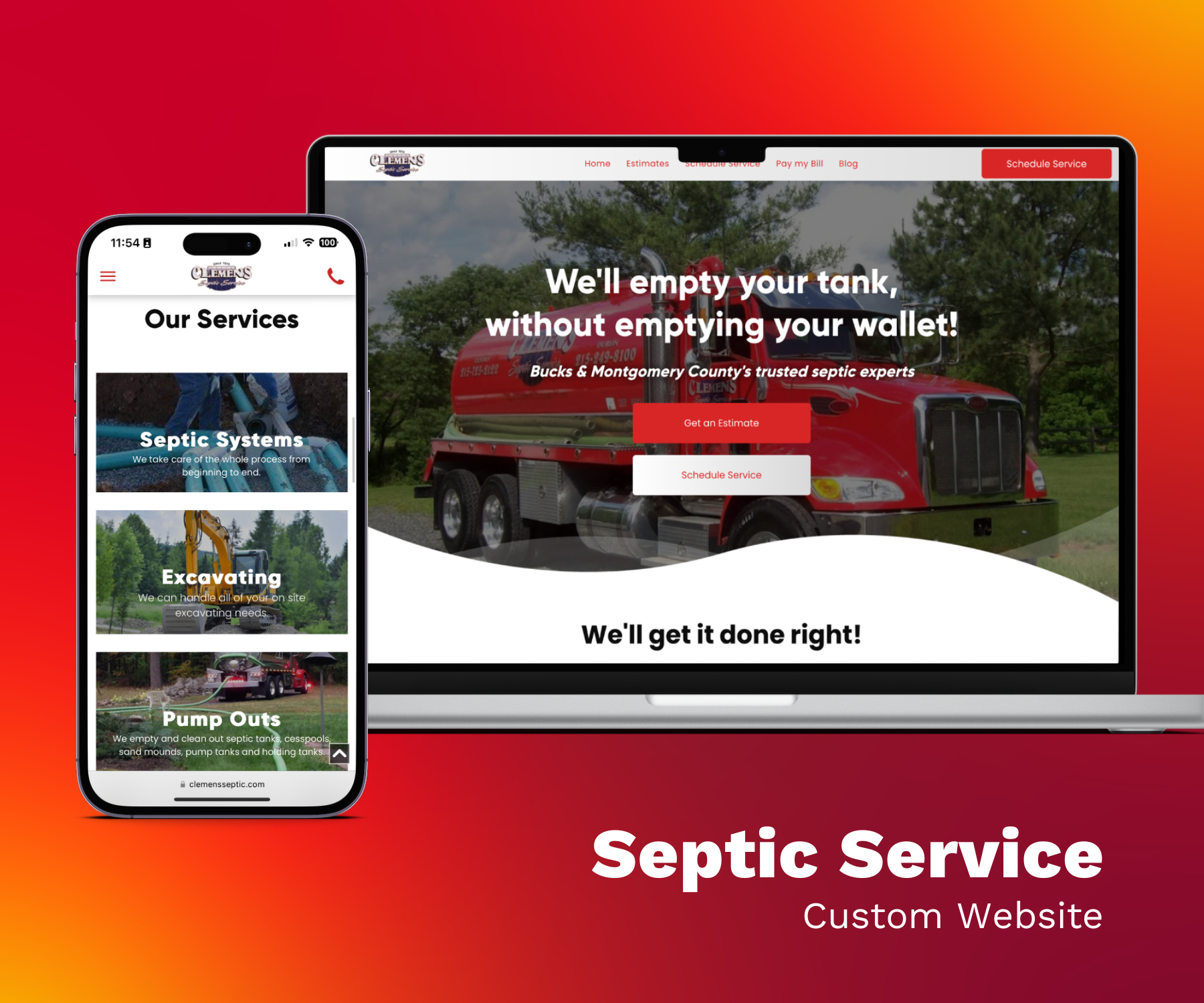A septic service website is displayed on a laptop and phone.