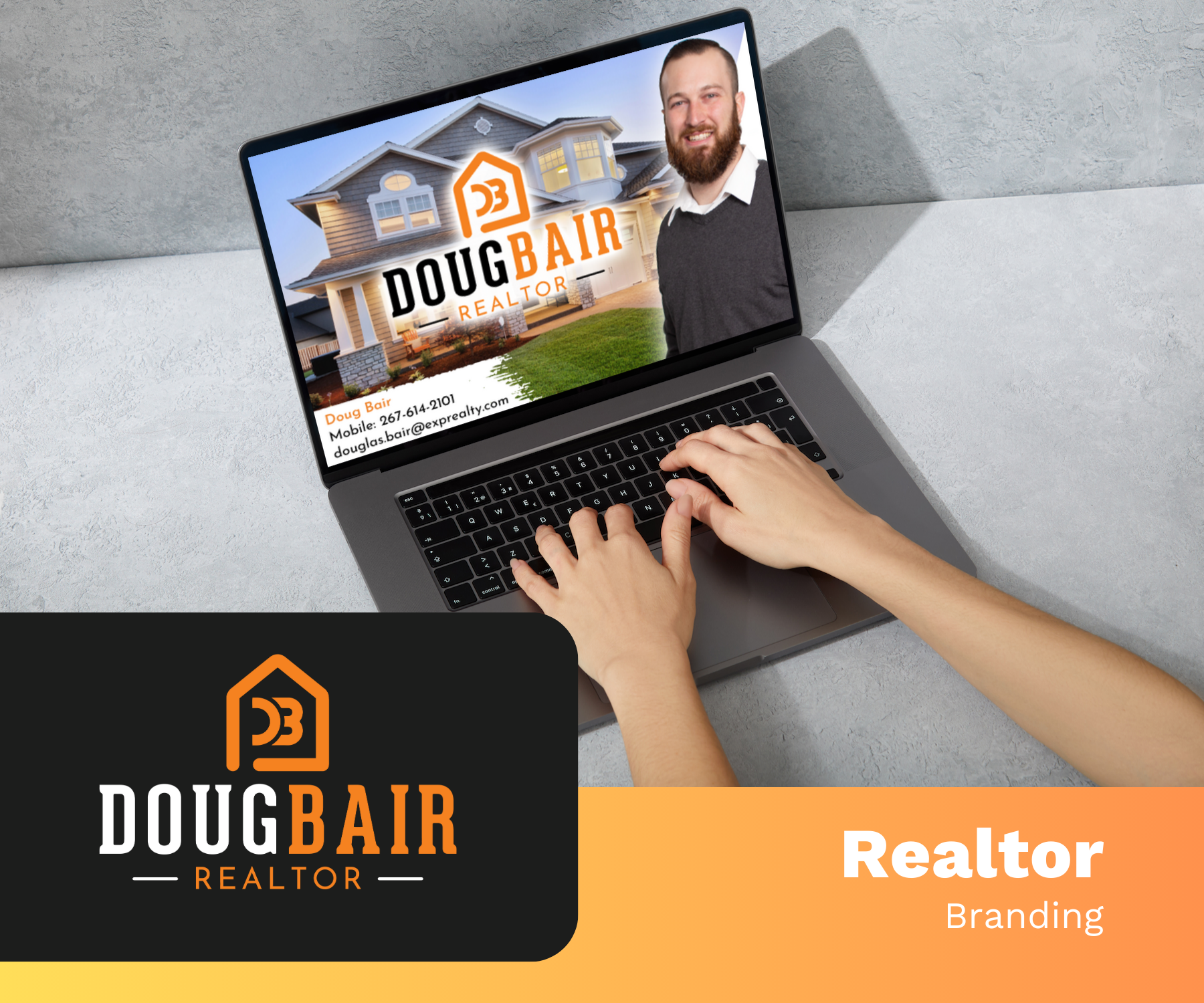 A person is typing on a laptop for doug bair realtor