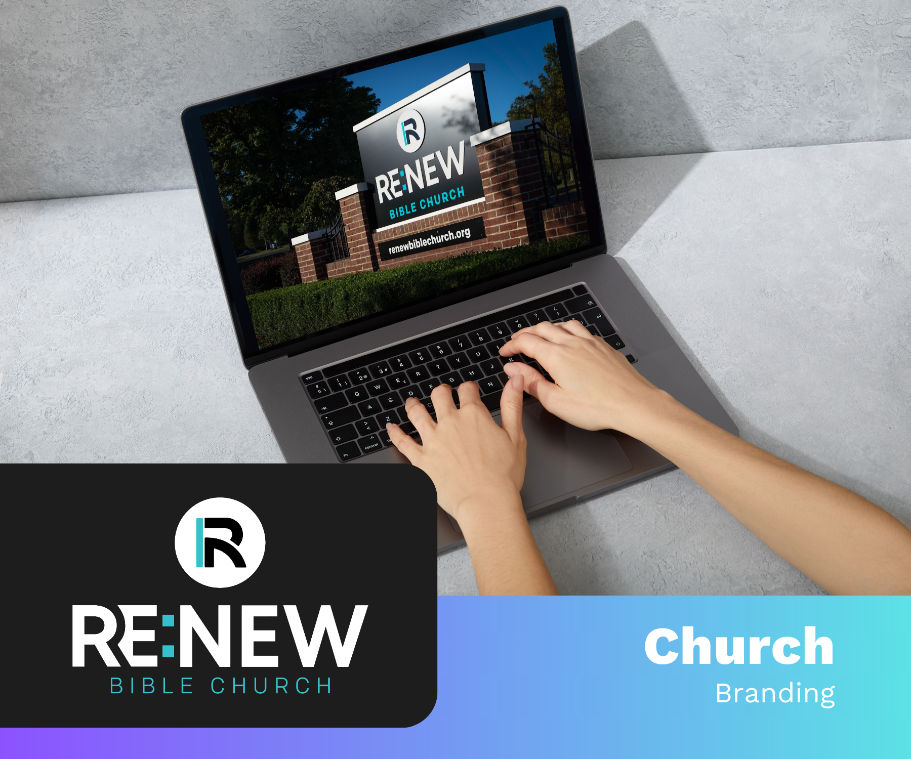 A person is typing on a laptop for renew bible church