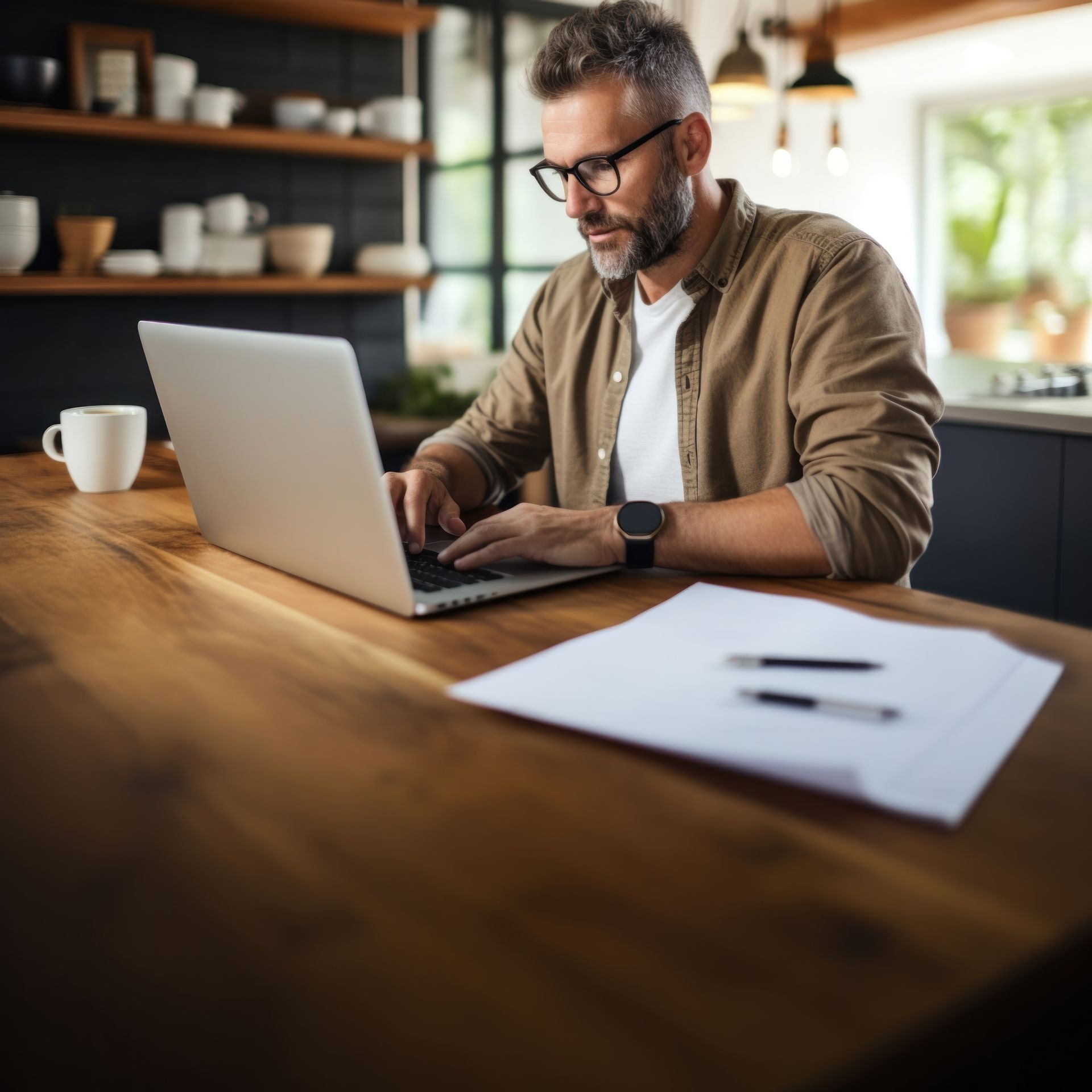 A man is sitting at a table using a laptop computer.