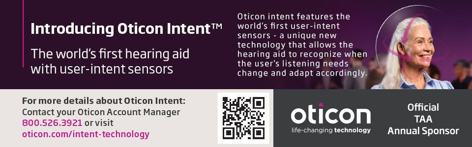 Advertisement for Oticon Intent hearing aids, featuring a woman, product details, and company logo.
