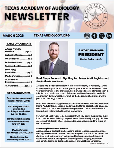 Newsletter for the Texas Academy of Audiology with blue, green, and white text. 