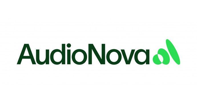 AudioNova logo, green text and abstract shapes.