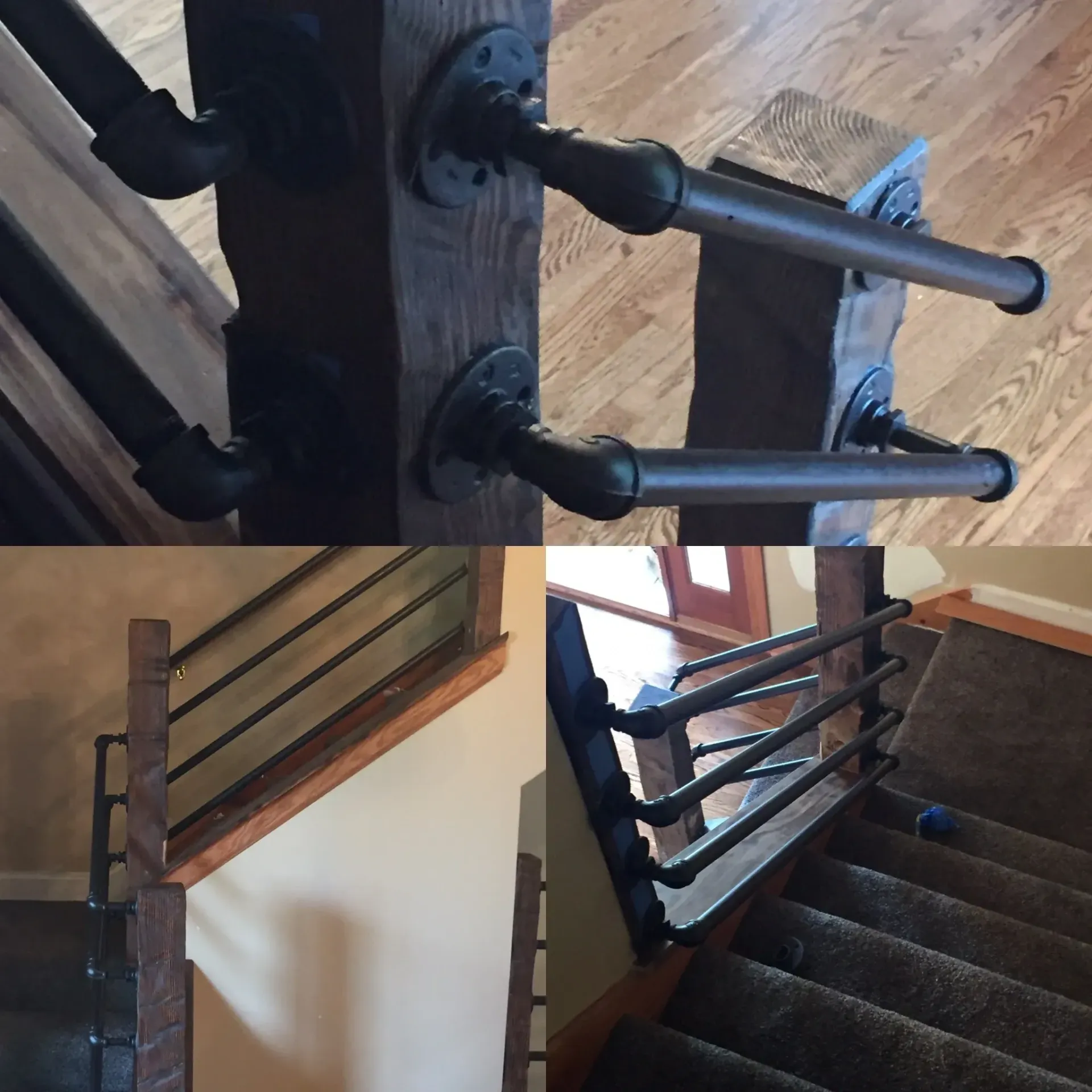 Handrails made of black pipes attached to wood posts, stairs with black horizontal bars.