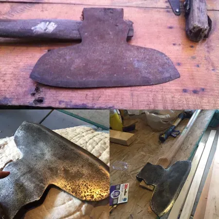 Rusty axe head on wood table, before and after cleaning.