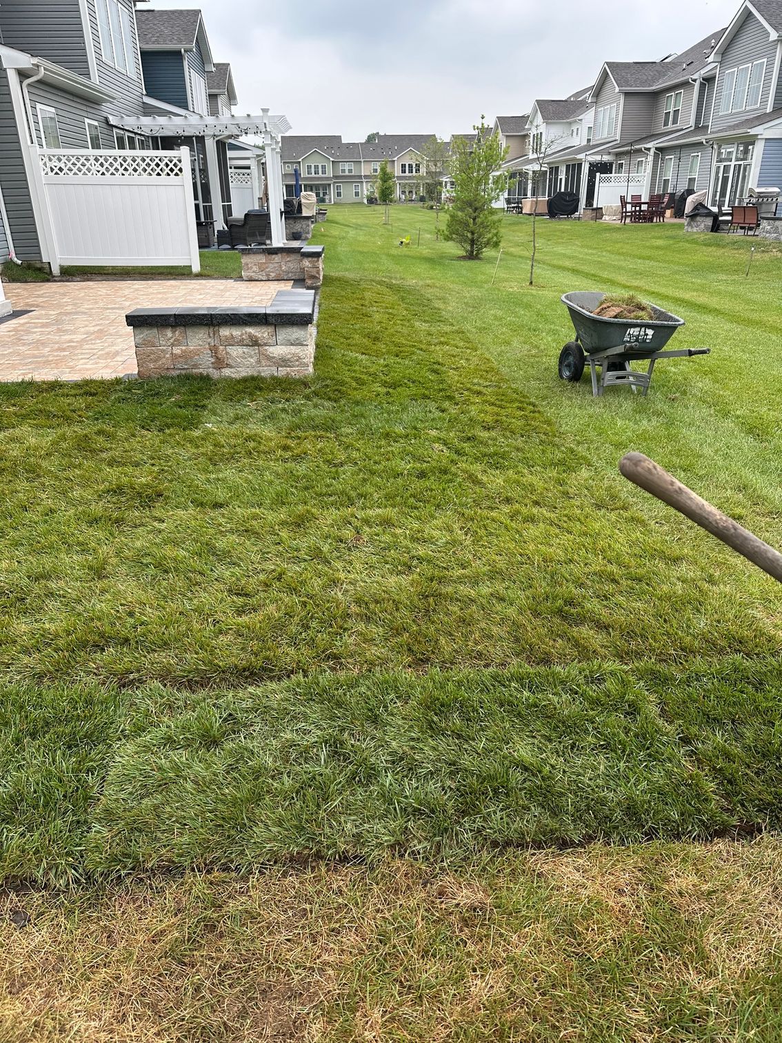 Suburban townhouse lawn with a black wheelbarrow, patio, and a garden hose in the foreground