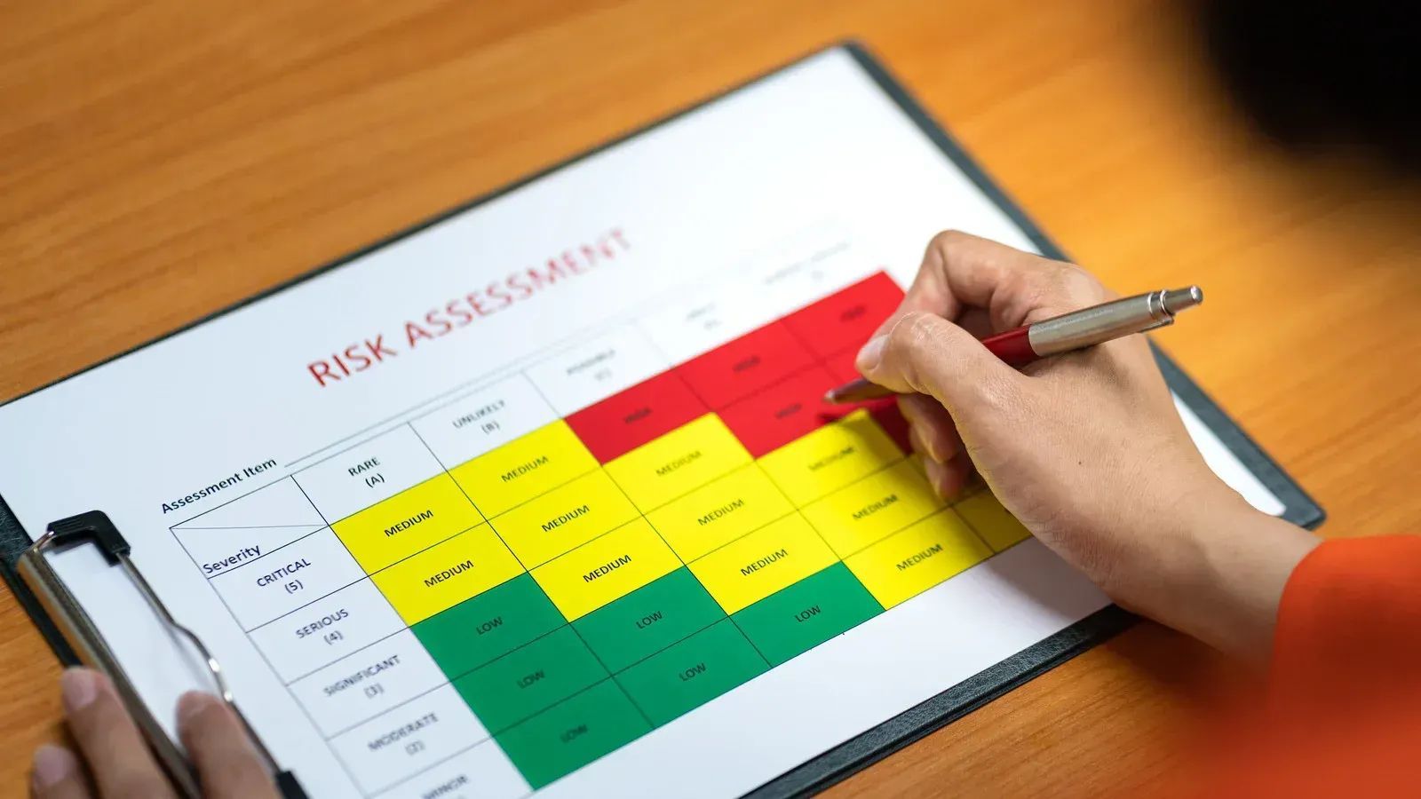 Person filling out a risk assessment chart with pen, using red, yellow, and green color-coded boxes.