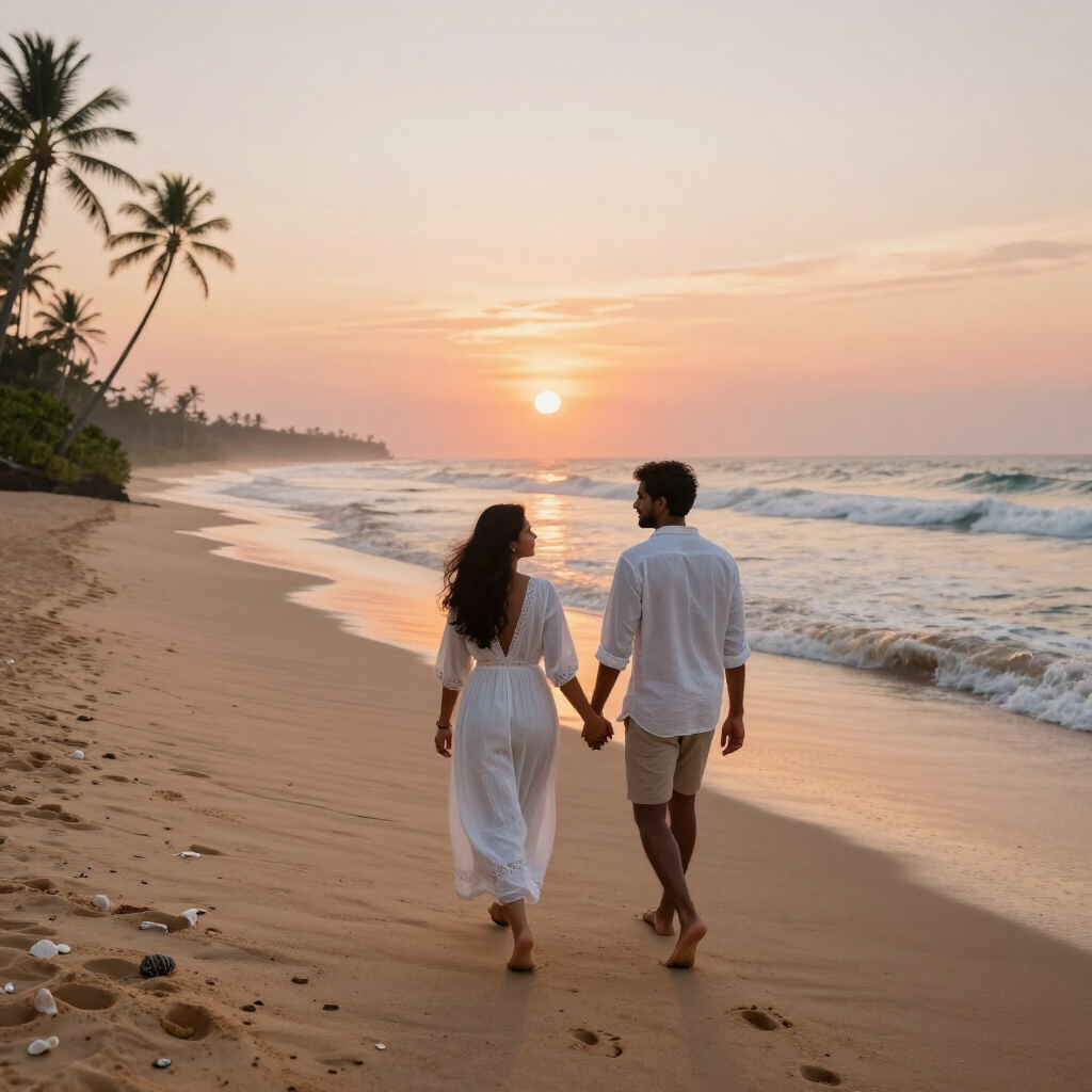 Sunset-beach-walk-during-Sri-Lanka-honeymoon-tour