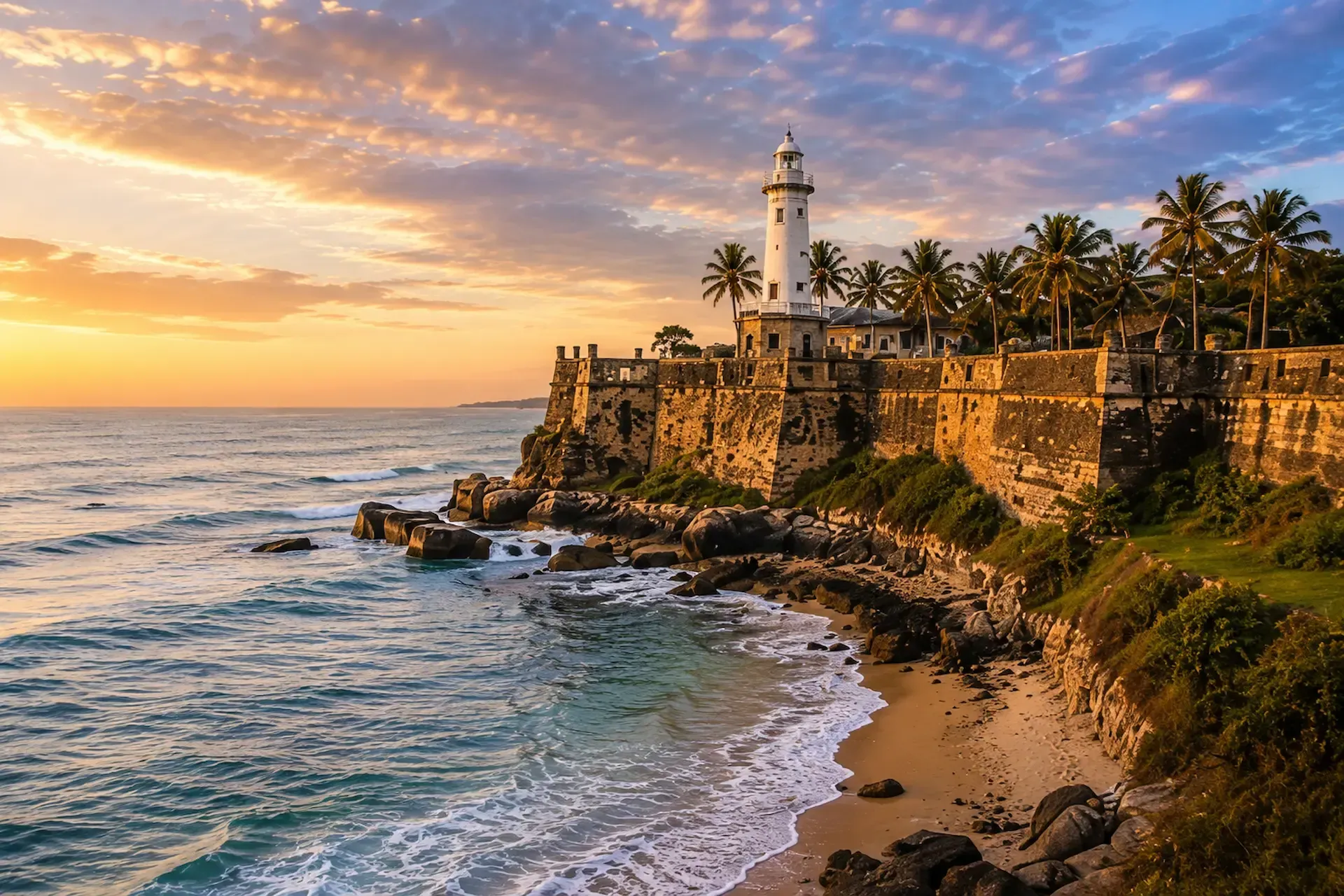 Tropical-beach-and-palm-fringed-coastline-in-Sri-Lanka