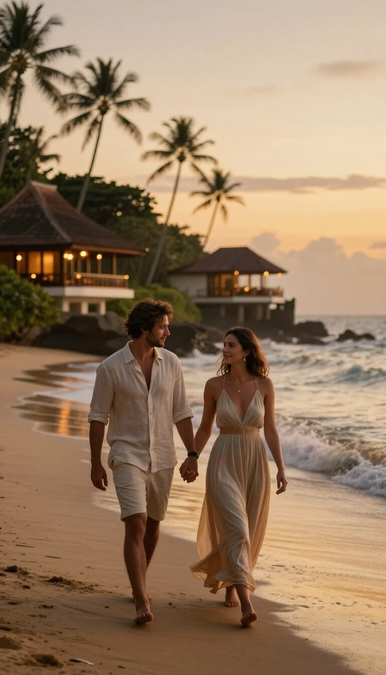 couple-walking-along-a-tropical-beach-during-a-romantic-Sri-Lanka-getaway