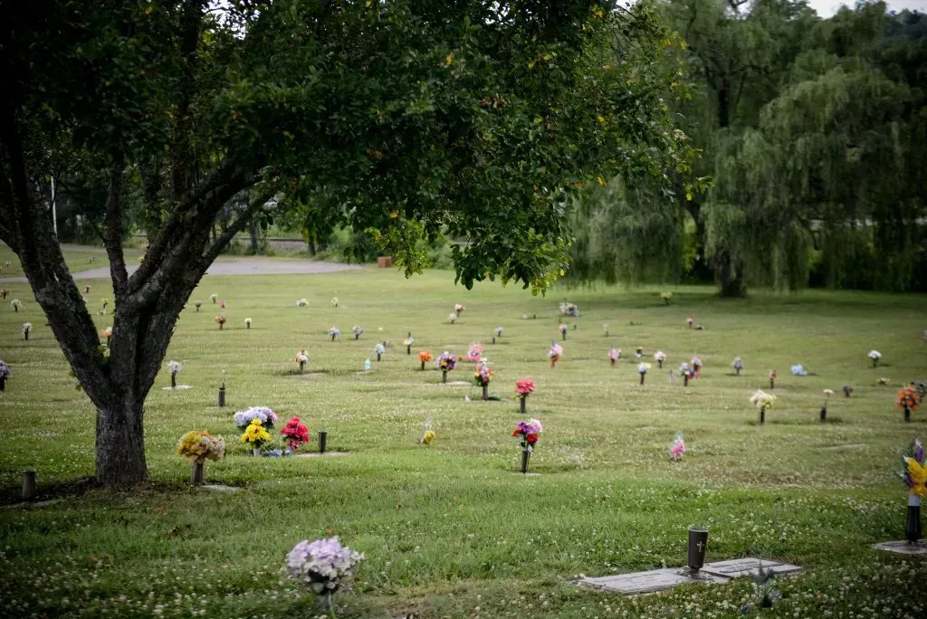 Cemetery with green grass, headstones, and colorful flower arrangements. A tree is in the foreground.