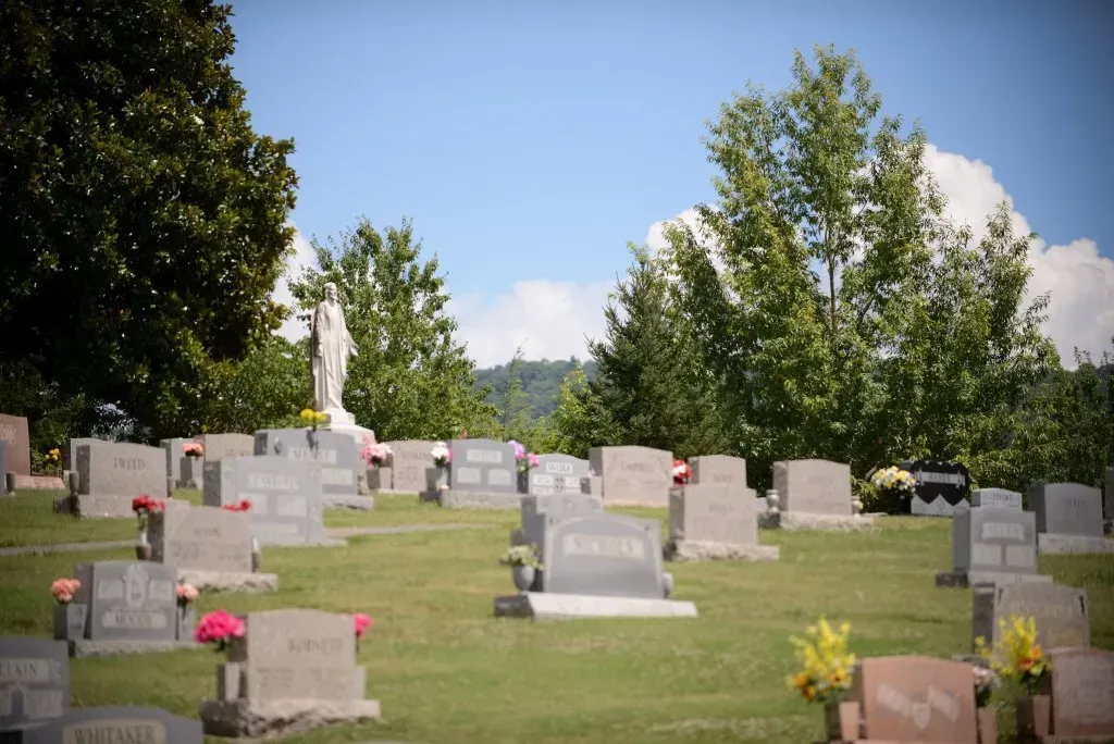 Graveyard on a sunny day; numerous headstones on a grassy hill; trees and a statue of the Virgin Mary in the background.