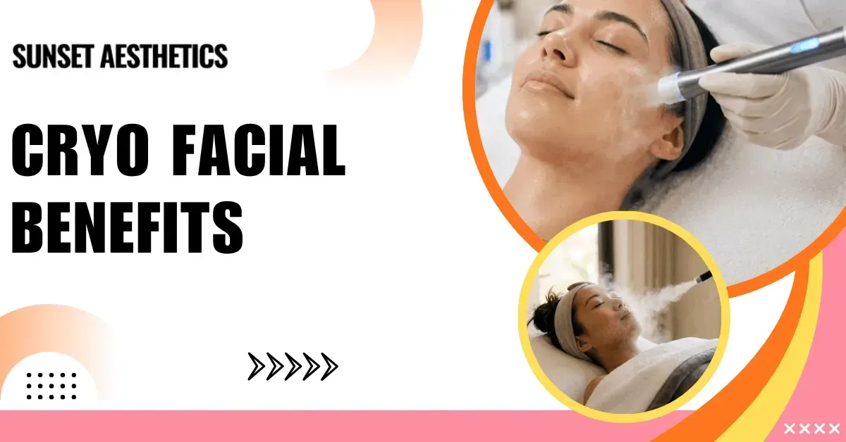 Sunset Aesthetics promo graphic: Cryo Facial Benefits with woman receiving facial treatment and orange accents