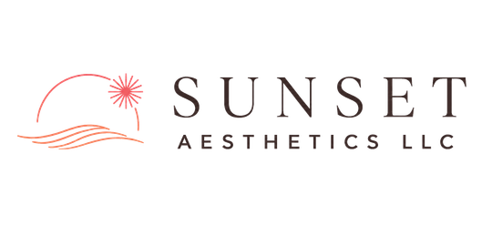 Sunset Aesthetics LLC logo with stylized red sun and waves on white background