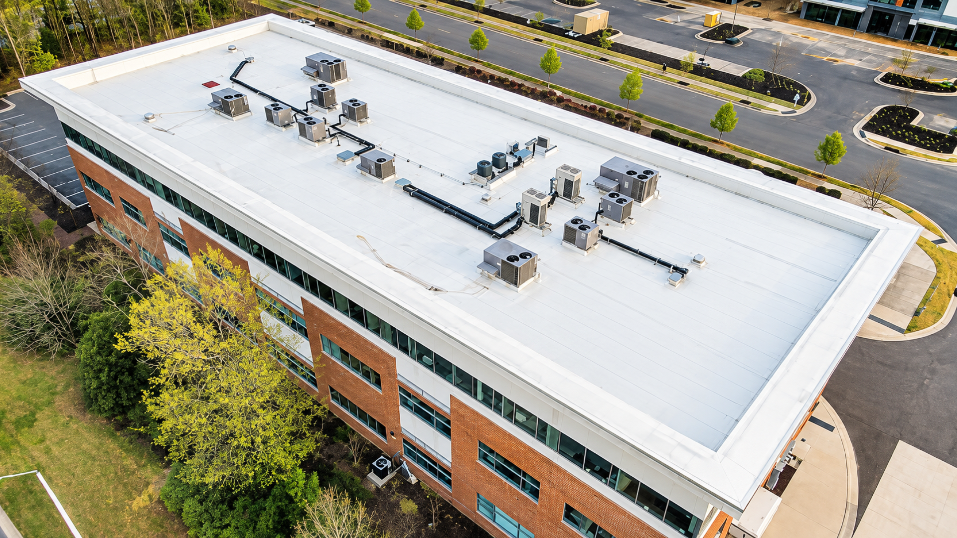 Aerial view of a flat-roofed office building with rooftop HVAC units beside a parking lot and trees.
