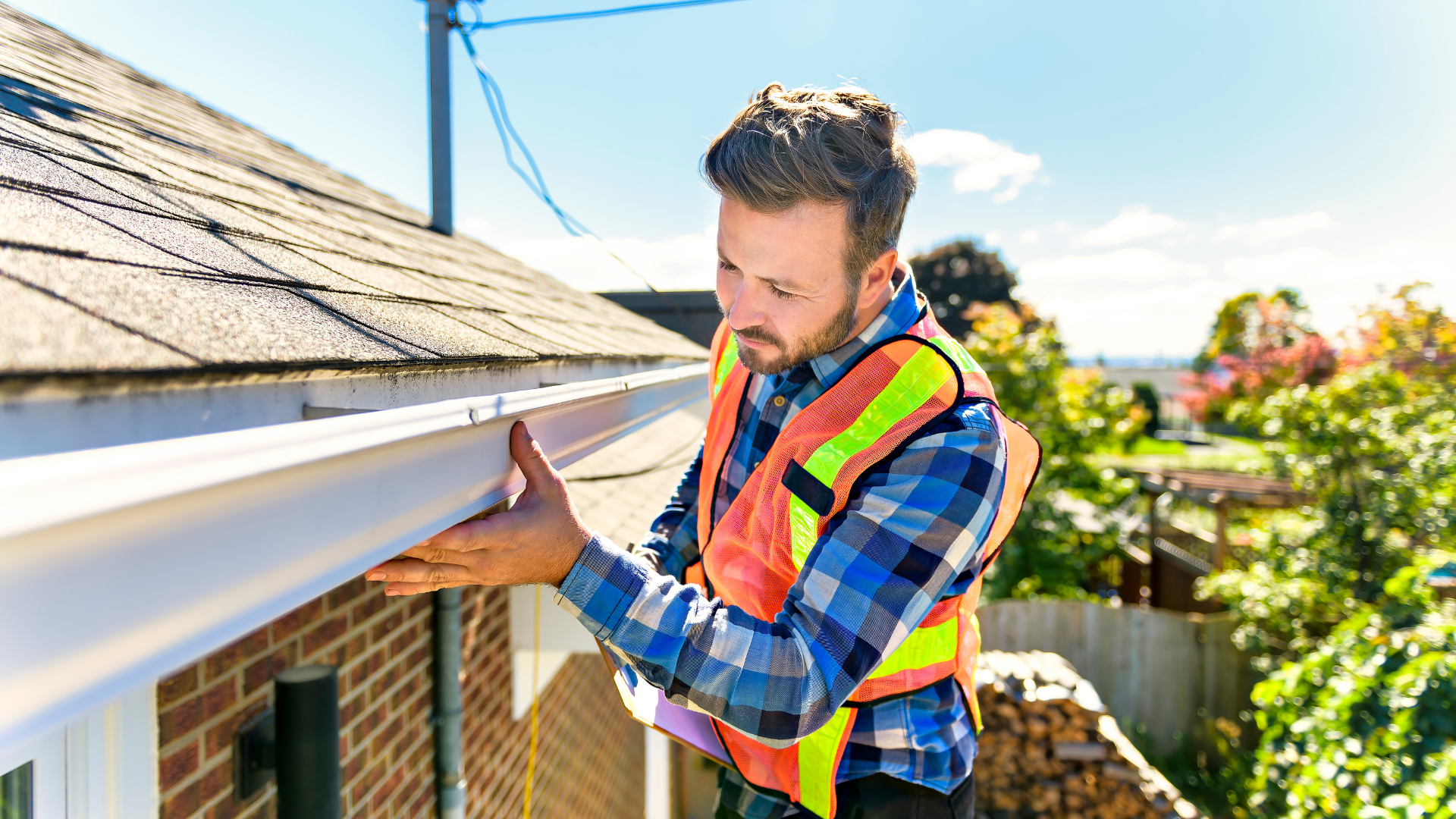 Worker in safety vest inspecting a house roof gutter on a sunny day