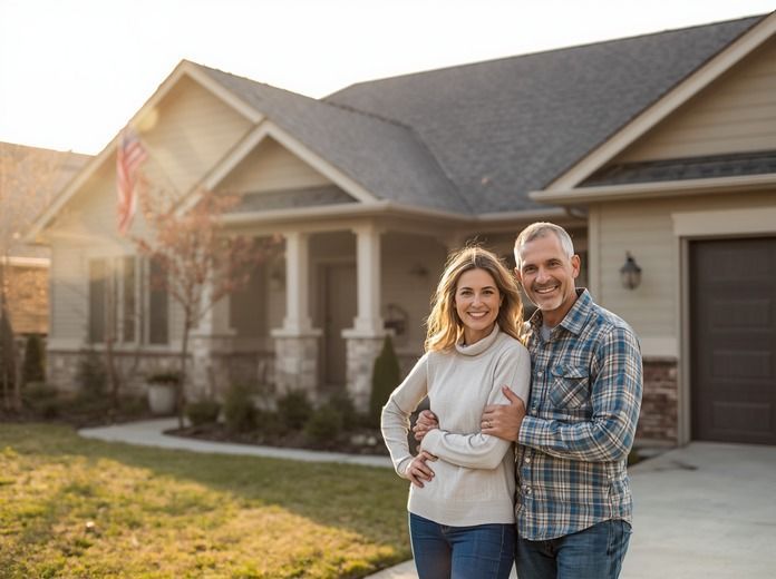 Couple standing outside a suburban house, smiling with arms crossed in front of the home