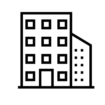 Black line icon of a multi-story building with a smaller adjacent building.