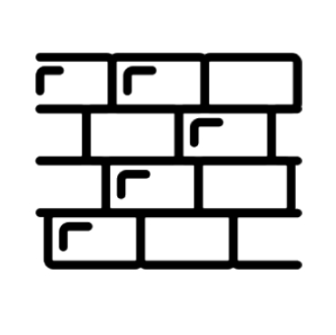 Black outline of a brick wall with staggered rectangular bricks on a white background