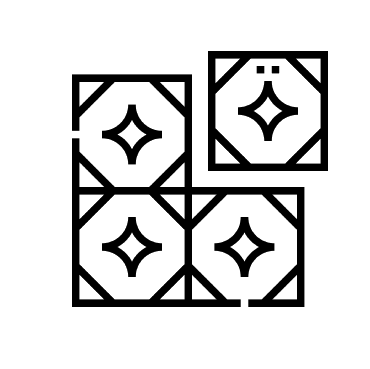 Four black geometric square icons with star-like centers arranged in an L shape on white background