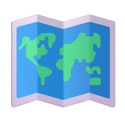 Folded blue map icon with green continents and purple edges