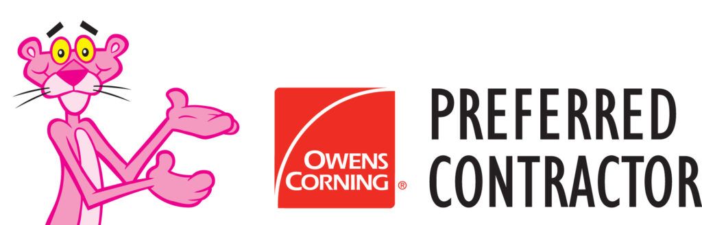 Pink panther mascot beside Owens Corning Preferred Contractor logo on white background