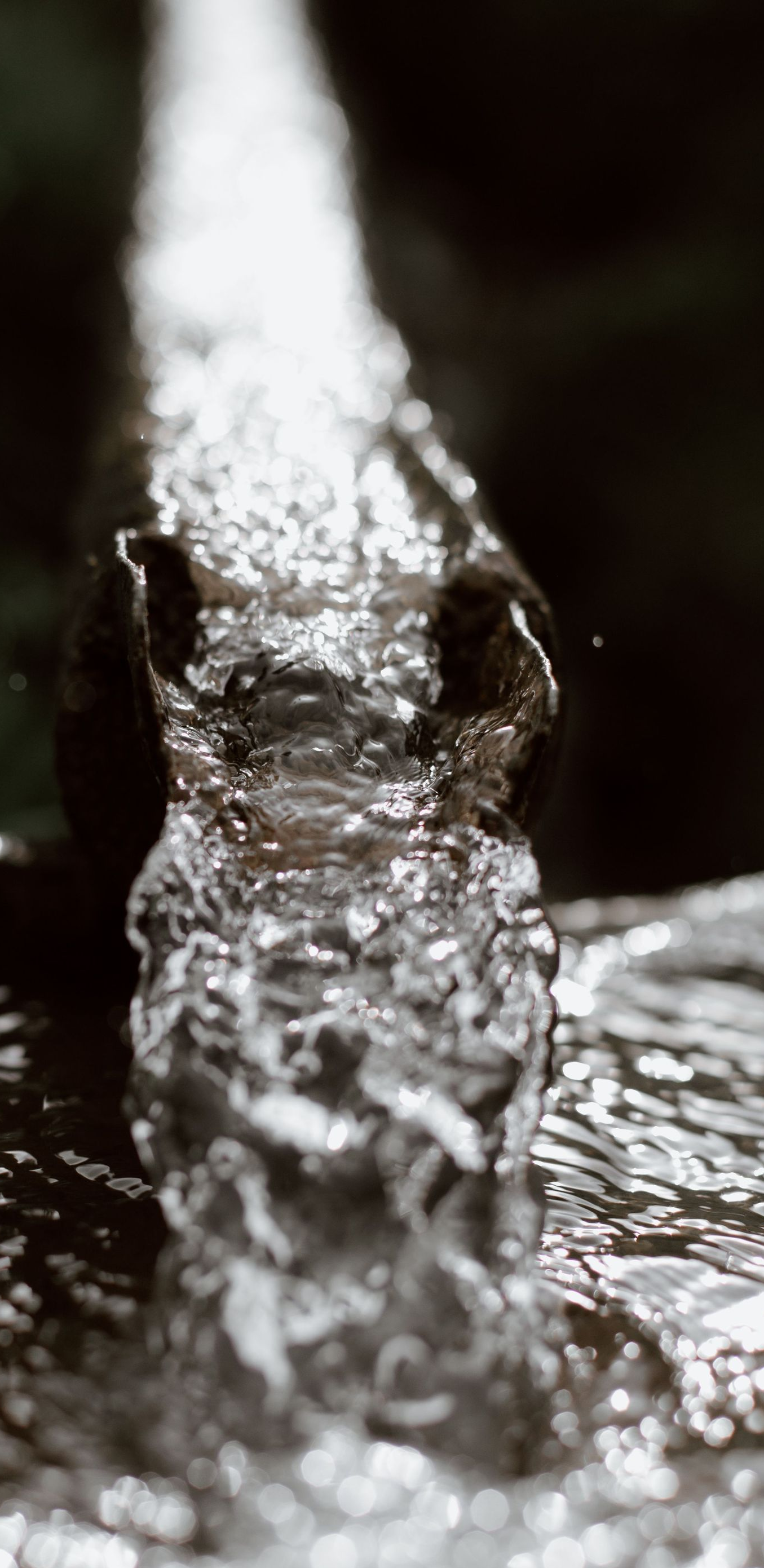 Close-up of clear water streaming over a textured surface, shimmering in the light