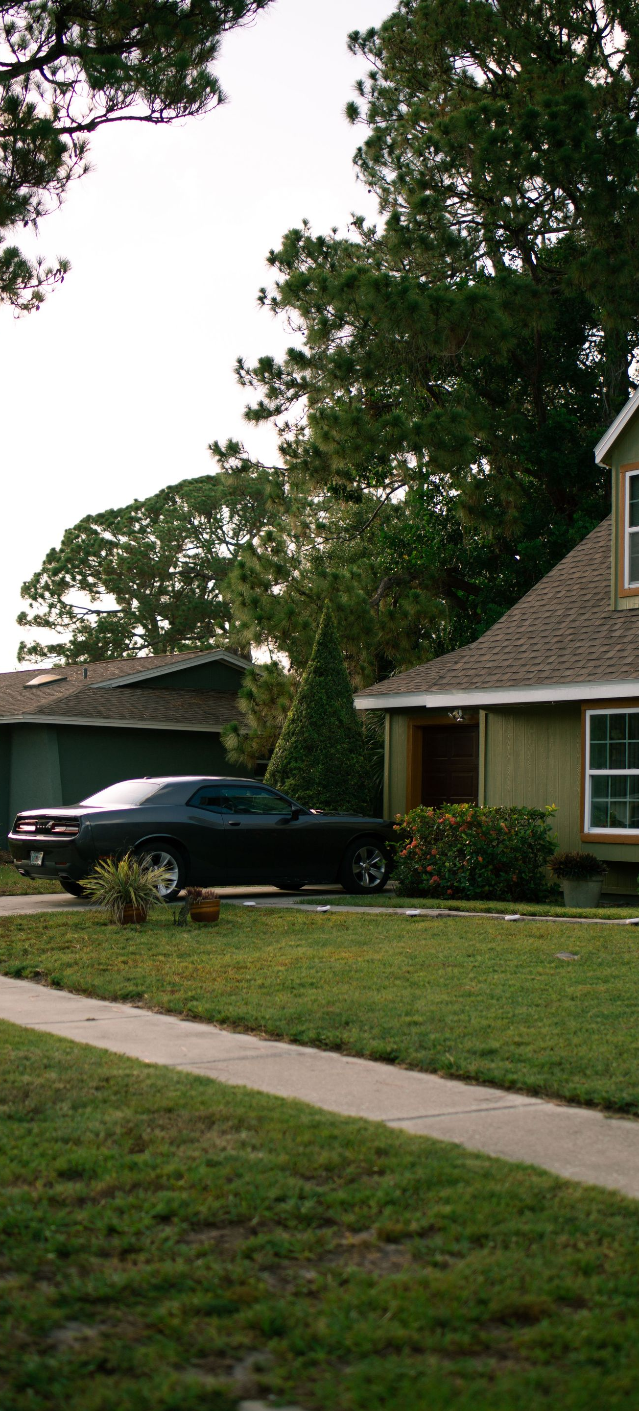 Suburban house with a parked SUV, large trees, and a sidewalk in the foreground