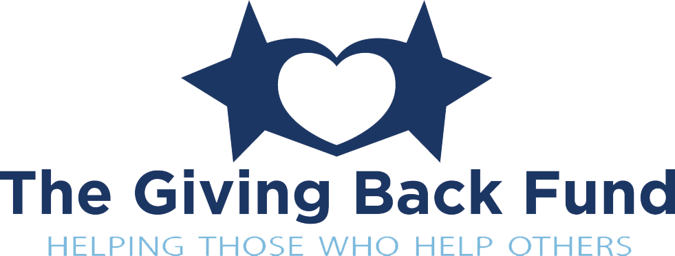 The Giving Back Fund logo with blue heart and stars, plus the tagline “Helping those who help others”