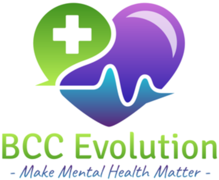 BCC Evolution mental health logo with green and purple heart, white cross, and pulse line; tagline “Make Mental Health Matter”