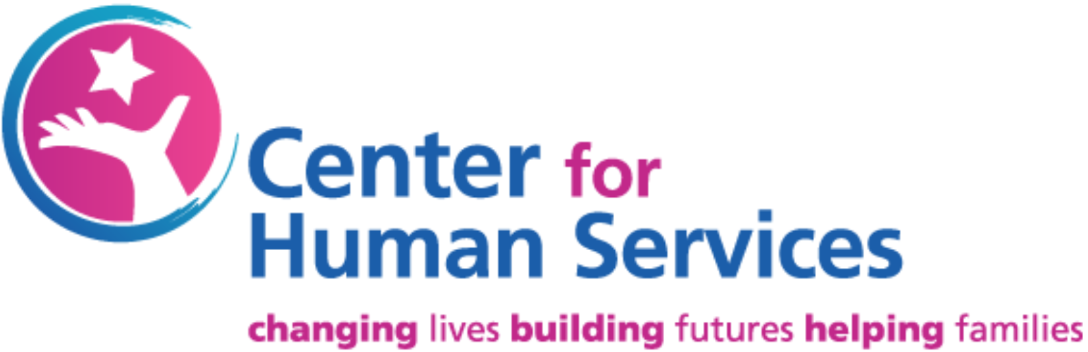 Center for Human Services logo with pink circle and blue text, tagline “changing lives building futures helping families”