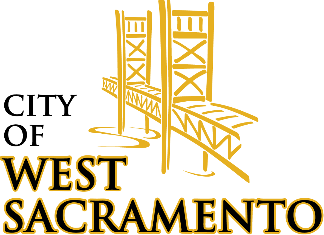 City of West Sacramento logo with a gold bridge illustration and black text